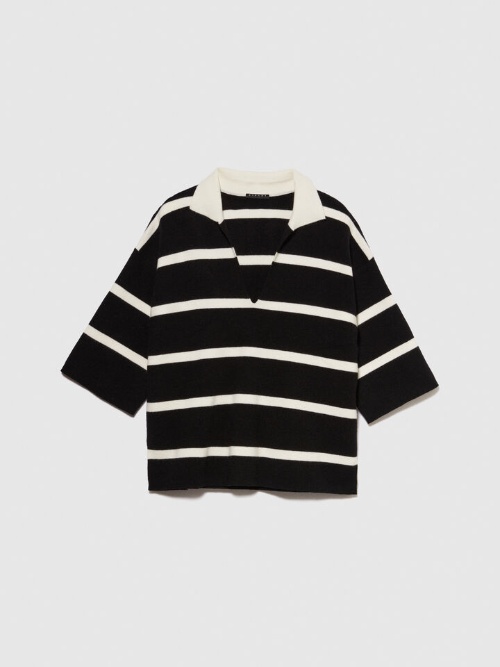 Striped maxi polo - women's v-neck sweaters - Black | Sisley image number 6